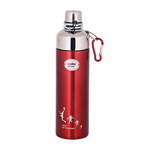 Cello Sleek Stainless Steel Hot and Cold Double Walled Water Bottle (600ml Red)