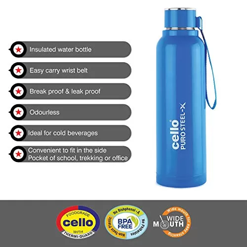 Cello Puro Steel-X Benz Water Bottle with Inner Steel and Outer Plastic 900 ml (Blue), 6 image