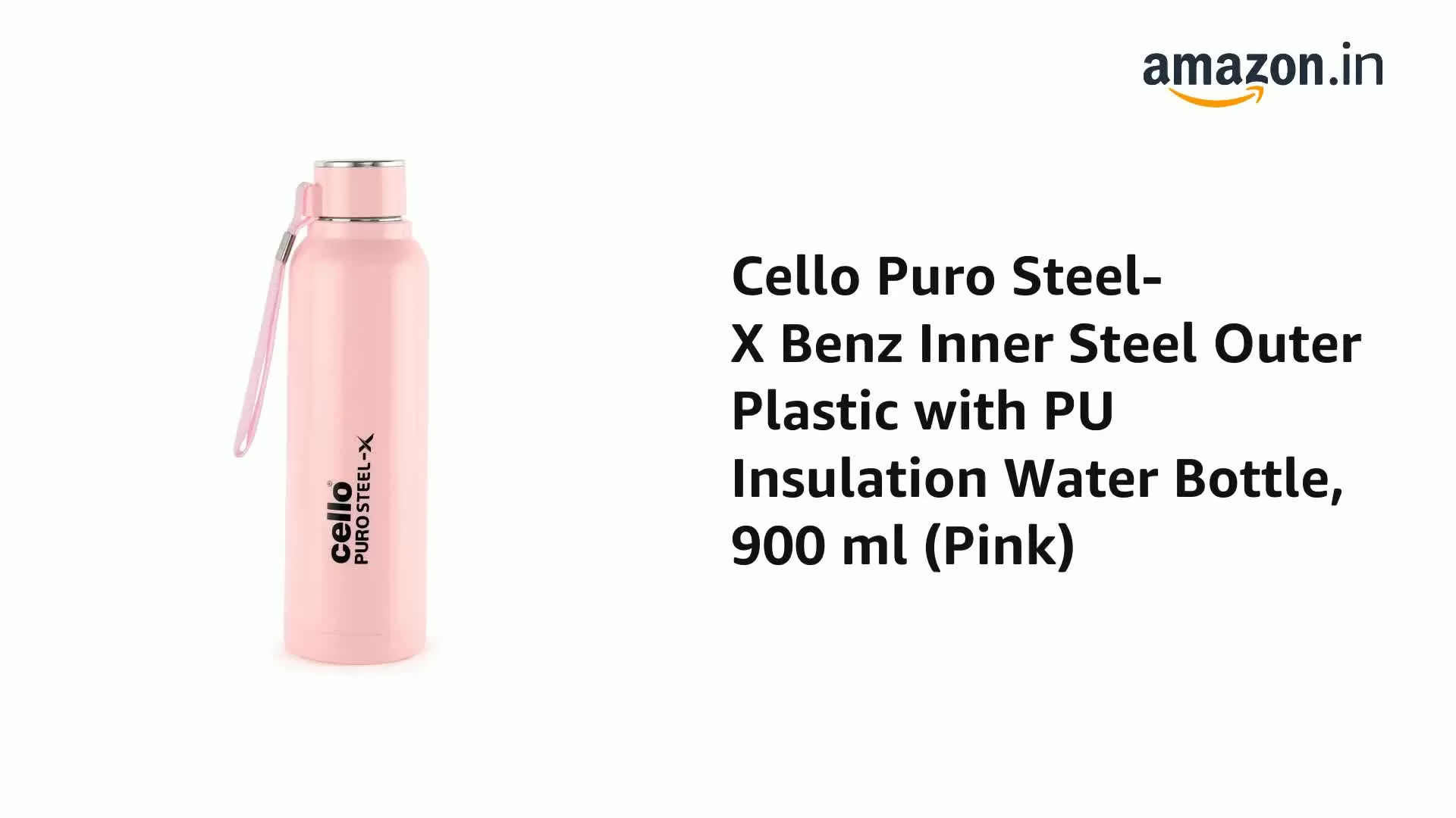 Cello Puro Steel-X Benz Water Bottle with Inner Steel and Outer Plastic 900 ml (Pink), 2 image