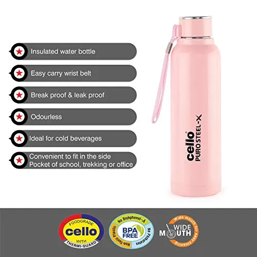 Cello Puro Steel-X Benz Water Bottle with Inner Steel and Outer Plastic 900 ml (Pink), 6 image