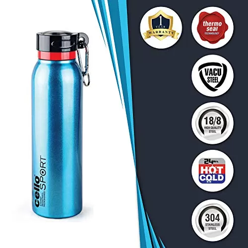 Cello Beatle Stainless Steel Double Walled Water Bottle Hot and Cold 550ml 1pc Flask Metallic Blue, 6 image