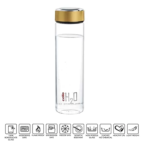 Cello H2O Borosilicate Glass Water Bottle Microwave Safe Clear 600ml Gold, 2 image