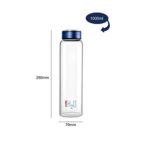 Cello H2O Borosilicate Glass Water Bottle (1000 ml Clear and Blue), 6 image