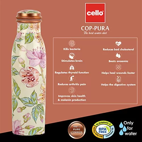 Cello Cop-Pura Good Earth Copper Water Bottle 1000ml 1pc Flora, 6 image