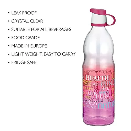 Cello D'Ziner Clear Glass Water Bottle Light Weight and Leak Proof 1000 ml Pink, 4 image