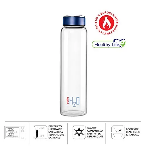 Cello H2O Borosilicate Glass Water Bottle (1000 ml Clear and Blue), 4 image