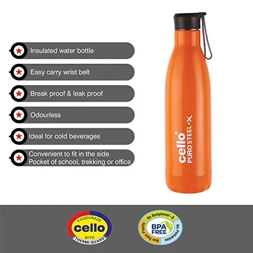 Cello Puro Steel-X Rover Water Bottle with Inner Steel and Outer Plastic 1pc 600ml Orange, 4 image