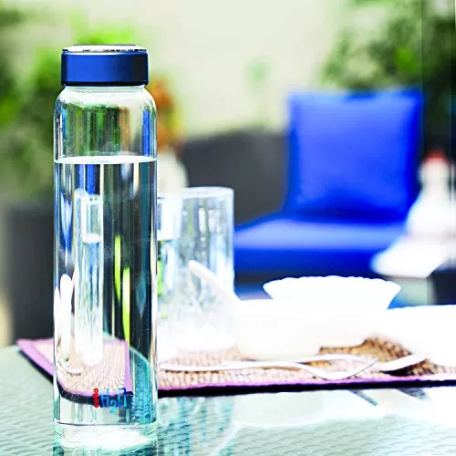 Cello H2O Borosilicate Glass Water Bottle (1000 ml Clear and Blue), 2 image