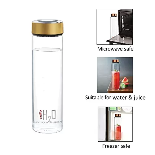 Cello H2O Borosilicate Glass Water Bottle Microwave Safe Clear 600ml Gold, 4 image