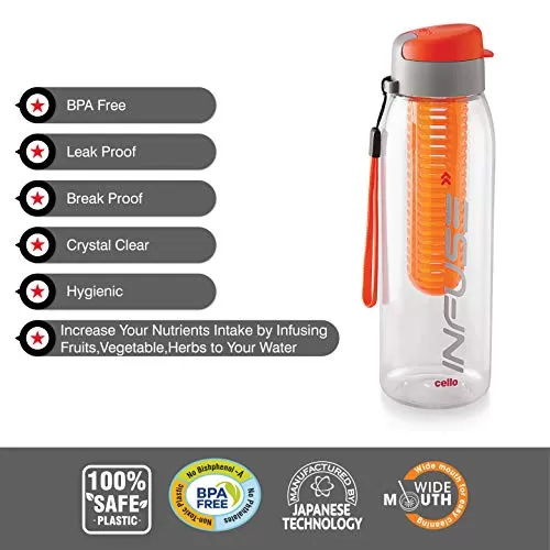 Cello Infuse Plastic Water Bottle Set 800ml Set of 3 Orange, 4 image