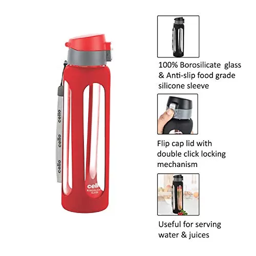 Cello Go Sports Borosilicate Glass Water Bottle 550ml Red, 2 image