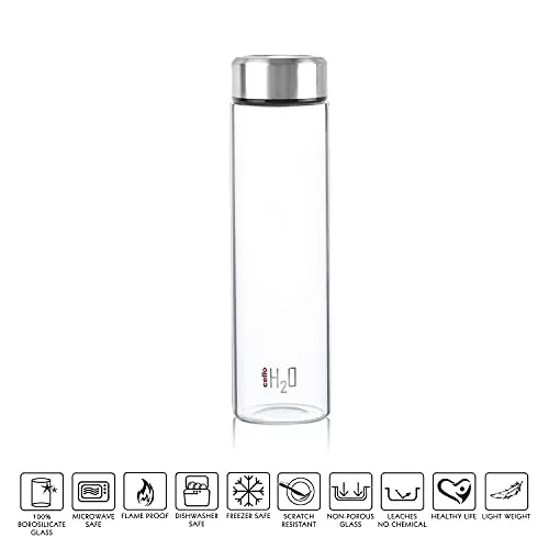 Cello H2O Steelo Borosilicate Glass Water Bottle Microwave Safe Clear 1000ml (CLO_GLS_H2OSTEELO_1000ML), 2 image