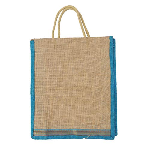 ALOKIK Laminated Lunch Jute Bags With Brocade Lace With Zipper (Beige & Turquoise)