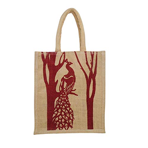 ALOKIK Eco Friendly (12x10x5 Inch) Multipurpose Reusable Fancy Red Peacock Carry Jute Bag for Daily Routine (Pack of 1 Pc.)