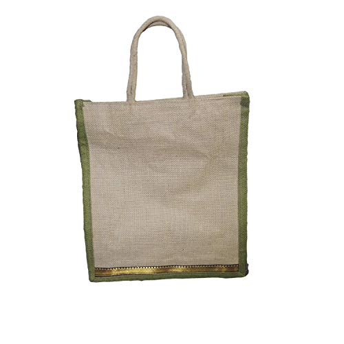 ALOKIK Lunch Jute Bags For Unisex With Zipper (Beige & Olive)