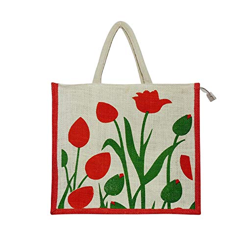 ALOKIK Wen's Multipurpose Reusable Tulip Print Multi-color Jute Shoulder Shopg/lunch Bag