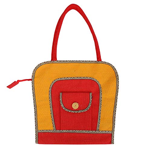 ALOKIK Tote Jute Bags For Girls And Ladies With Zipper (Red And Yellow)