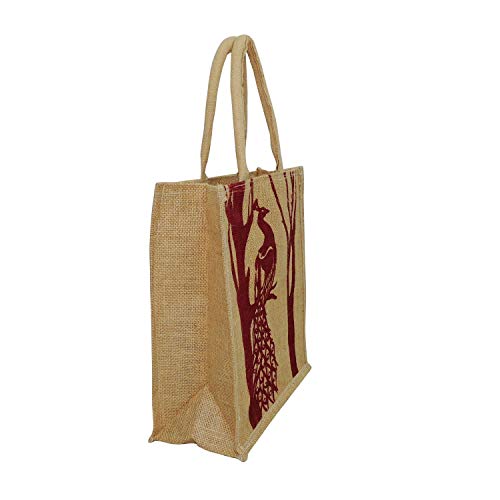 ALOKIK Eco Friendly (12x10x5 Inch) Multipurpose Reusable Fancy Red Peacock Carry Jute Bag for Daily Routine (Pack of 1 Pc.), 3 image