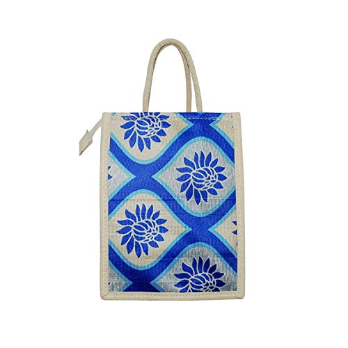 ALOKIK Eco Friendly Naturally Processed Multipurpose Reusable Fancy Multicolor (Royal Blue and Beige) Dyed Laminated Bottle Jute Bags, 4 image