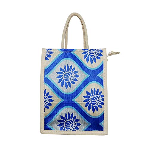 ALOKIK Eco Friendly Naturally Processed Multipurpose Reusable Fancy Multicolor (Royal Blue and Beige) Dyed Laminated Bottle Jute Bags