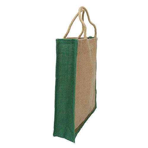 ALOKIK Friendly Aminated Lunch Jute Bags With Brocade Lace For Unisex With Zipper (Beige & Green), 2 image