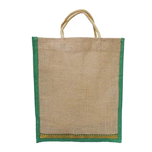 ALOKIK Friendly Aminated Lunch Jute Bags With Brocade Lace For Unisex With Zipper (Beige & Green)