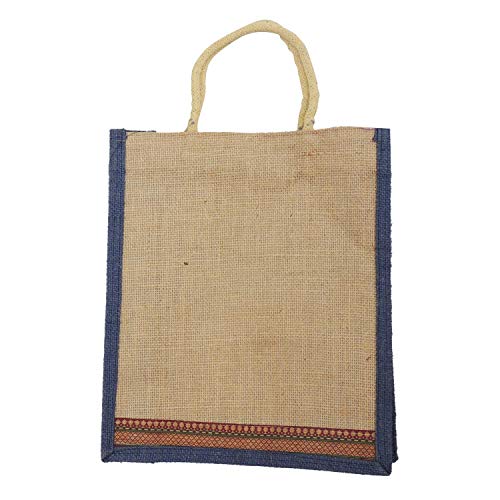 ALOKIK Laminated Lunch Jute Bags with Green Brocade Lace for Unisex with Zipper (Beige & Blue)