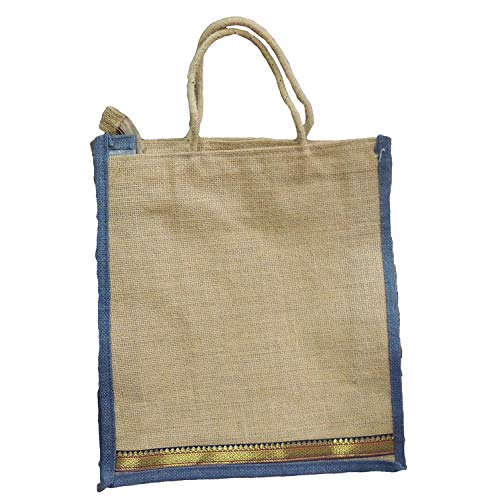ALOKIK Laminated Jute Bags With Fabric For Ladies/Girls With Zipper (Big Blue)