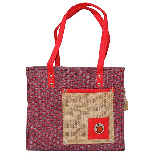 ALOKIK Laminated Jute Bags With Fabric for Ladies/girls With Zipper (Red)