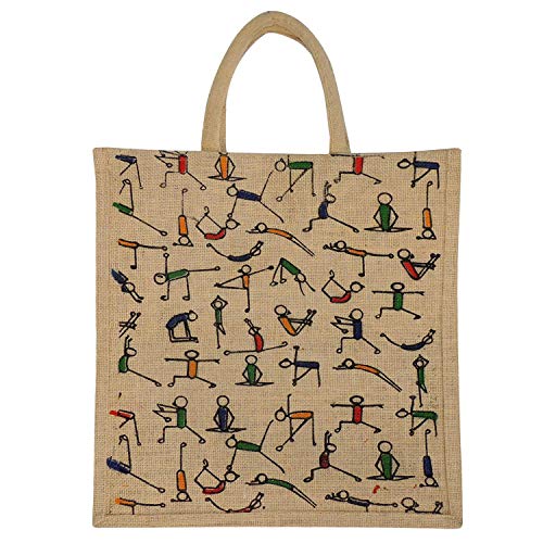 ALOKIK Laminated Jute Bags with Yoga Prints for Unisex with Zipper (Big Beige)
