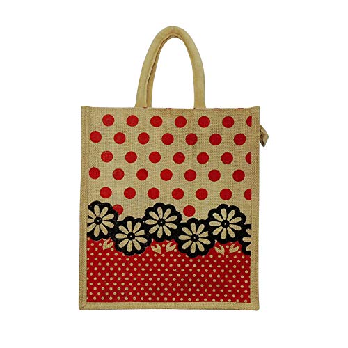 ALOKIK Eco Friendly Naturally Processed Multipurpose Reusable Red Dot Print Shoulder Shopg Grocery Carry Bag Lunch Jute Bags for Unisex With Zipper
