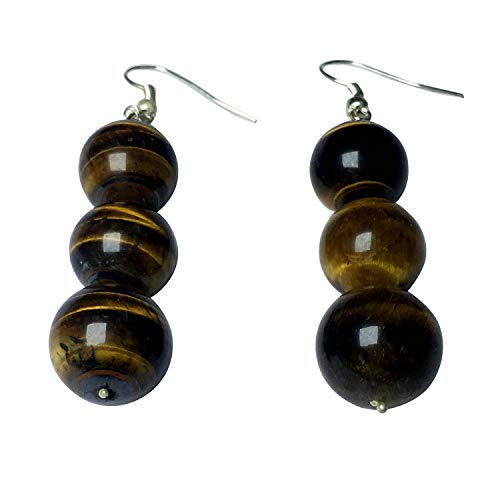 CRYSTAL'S ADVISOR Natural Stone Energised Tiger Eye Earring 3 Beads Color- Yellow & Brown for Wen & Girls (Pack of 1 Pc.)