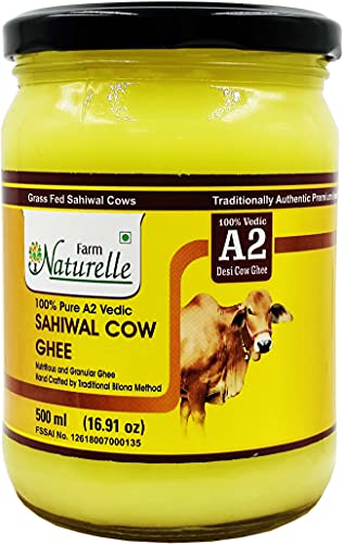 Farm Naturelle -A2 Cow Ghee frGrass Fed Desi Sahiwal Cow's Milk Made frCurd by Vedic Bilona Method-Golden  Grainy & Aromatic  Glass Jar -500ml