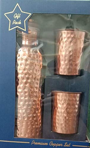 Signoraware Copper Bottle with 2 Glasses (900 Ml Bottle + 2 Glass 275 Ml Set of 3 (Hammered), 2 image