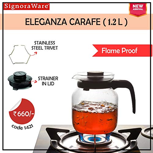 SignoraWare Eleganza Carafe Flame Proof Glass Kettle with Stainer 1.2 Litre Transparent, 3 image