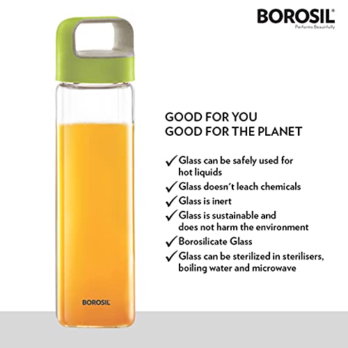 NEO Borosilicate Glass Water Bottle with Green Handle for Fridge and Office 550ml, 7 image