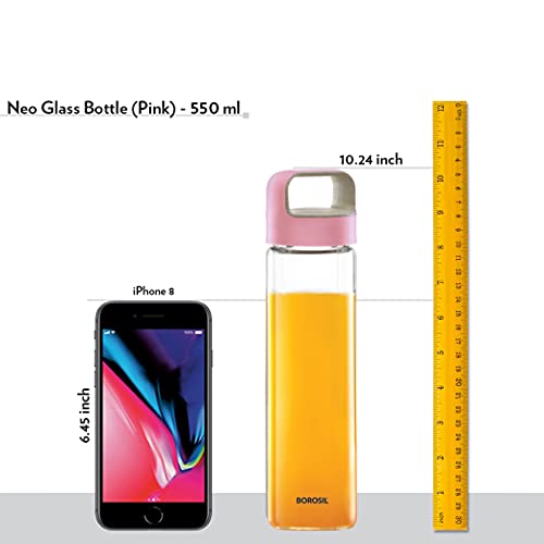 NEO Borosilicate Glass Water Bottle with Pink Handle for Fridge and Office 550ml, 4 image