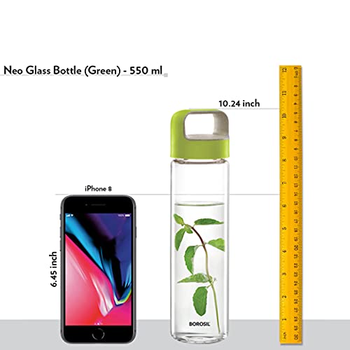 NEO Borosilicate Glass Water Bottle with Green Handle for Fridge and Office 550ml, 10 image