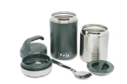 HOMEISH Polo Lifetime Vacuum Insulated Hot Cold Stainless Steel Thermal Food Flask 2 Compartments and Fold able Spoon (Olive Green Approx. 600 ml), 2 image