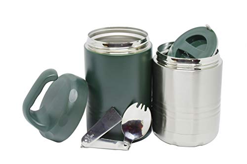 HOMEISH Polo Lifetime Vacuum Insulated Hot Cold Stainless Steel Thermal Food Flask 2 Compartments and Fold able Spoon (Olive Green Approx. 600 ml), 3 image
