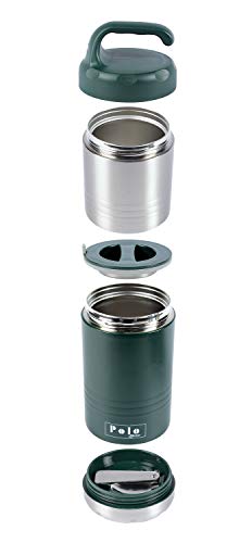 HOMEISH Polo Lifetime Vacuum Insulated Hot Cold Stainless Steel Thermal Food Flask 2 Compartments and Fold able Spoon (Olive Green Approx. 600 ml), 4 image