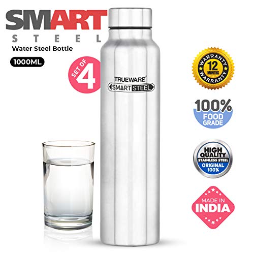Trueware Stainless Steel Water Bottle 1000ml Set of 4 Silver, 4 image