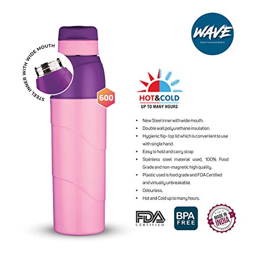 Trueware Wave 600 Insulated Water Bottle with Inner Steel|Hot & Cold Bottle with Attractive Color|BPA Free|570 mlPurple, 3 image