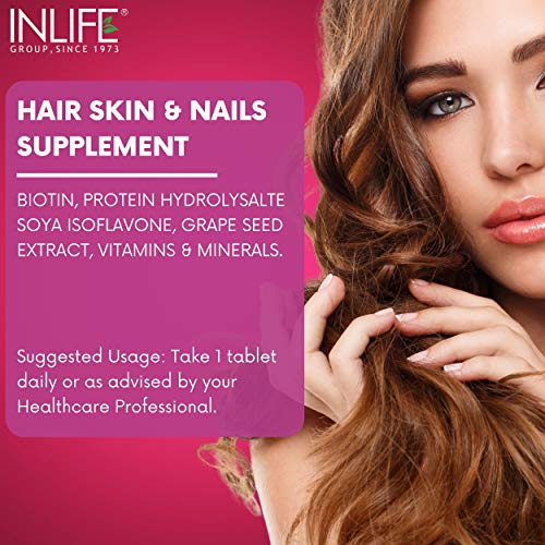INLIFE Biotin Supplement for Hair Growth Hair Skin Nails Vitamins for Women  Men with Protein Hydrolysate Soya Isoflavone & Grape Seed Extract Supports  Hair Fall & Healthier Skin - 60 Tablets -