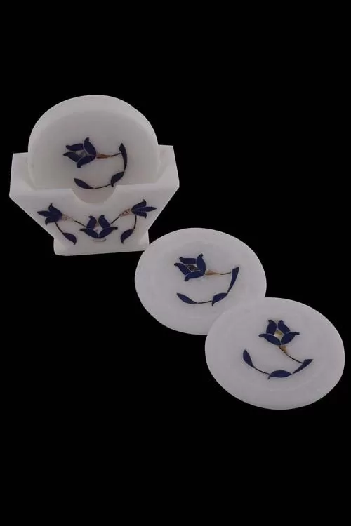 Unique Handmade Blue Flowers Inlay Marble Coasters By Handikart