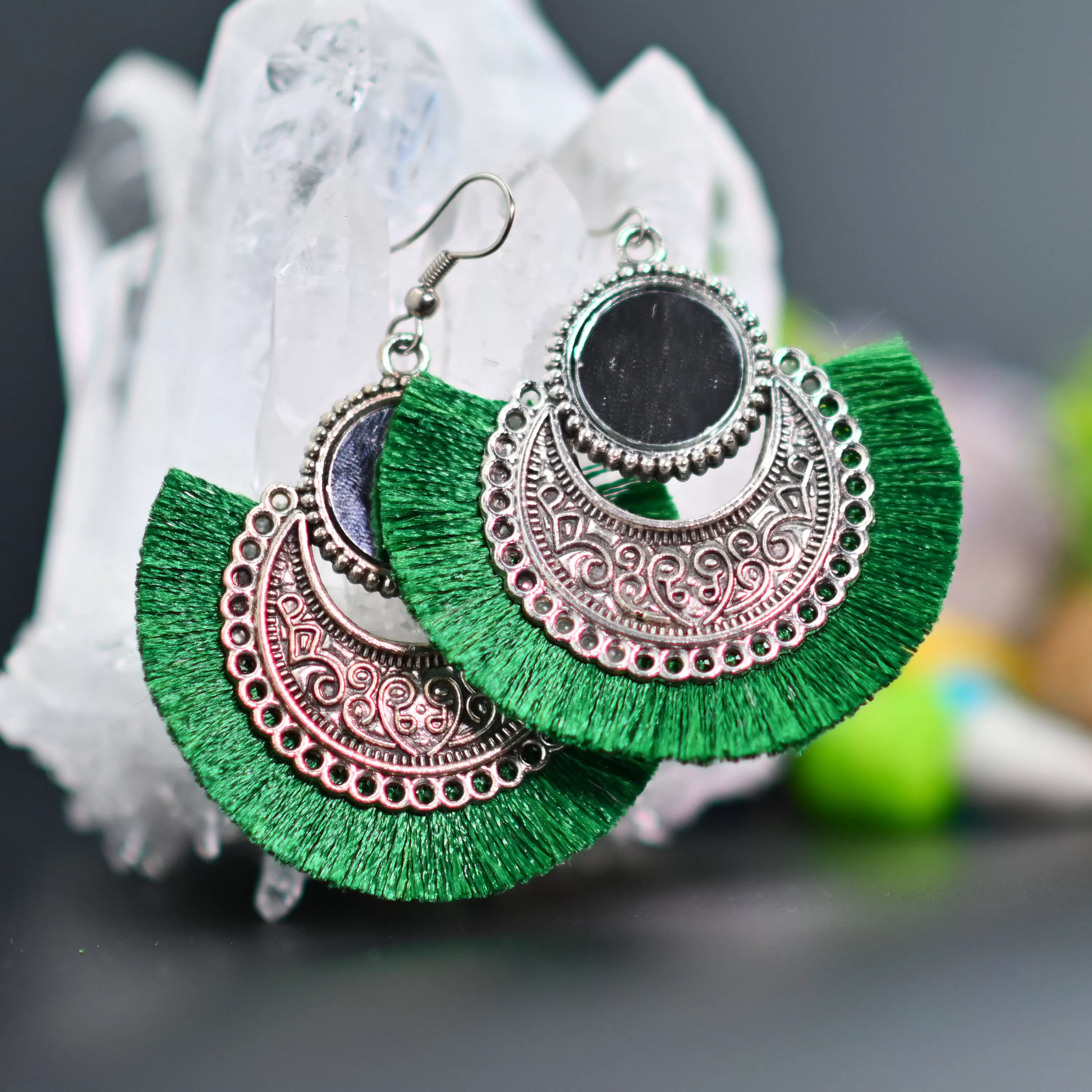 Women's Oxidized Earring with Mirror & Green Thread Party Wear.