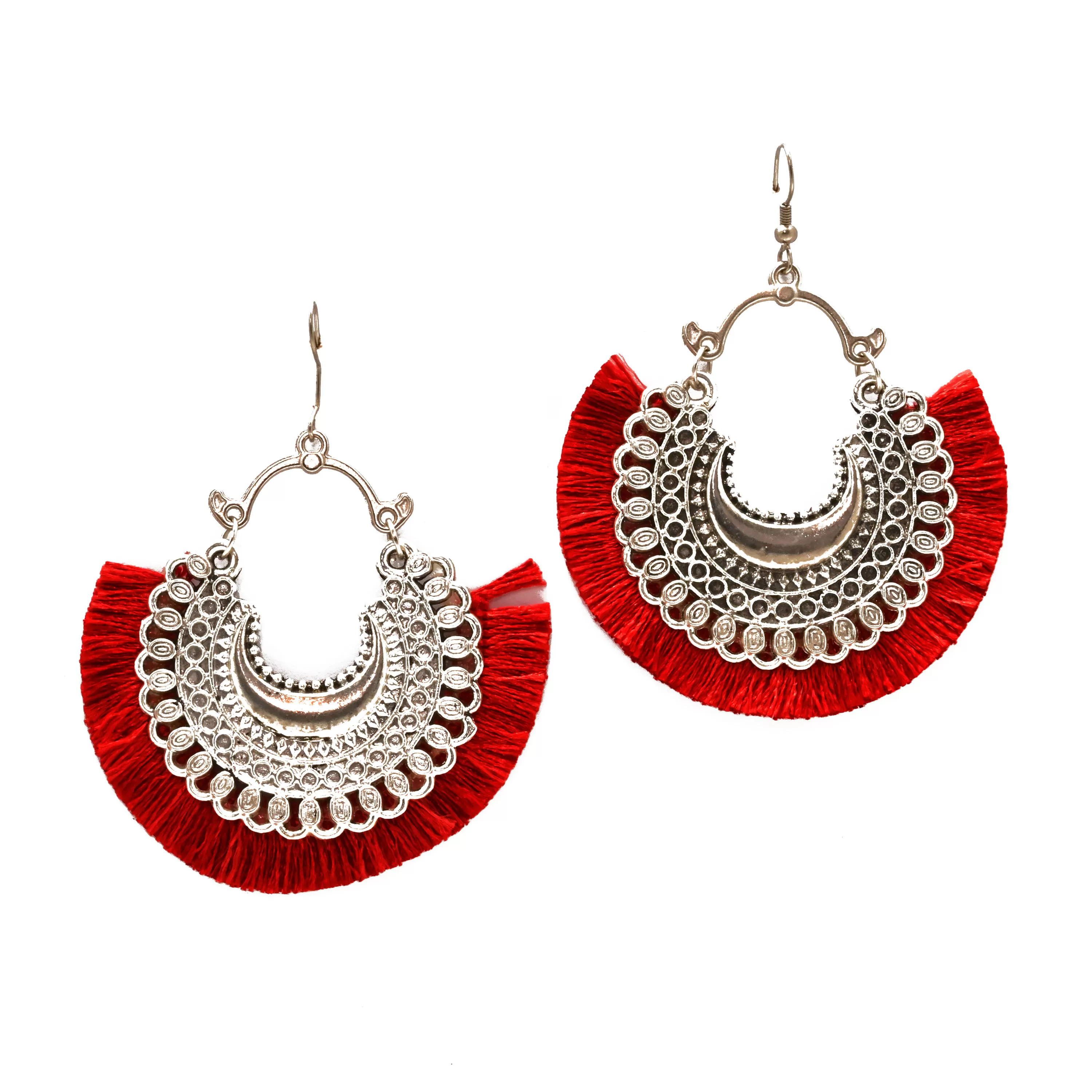 Women's Oxidized Crescent Moon Earring with Red Thread Party Wear.