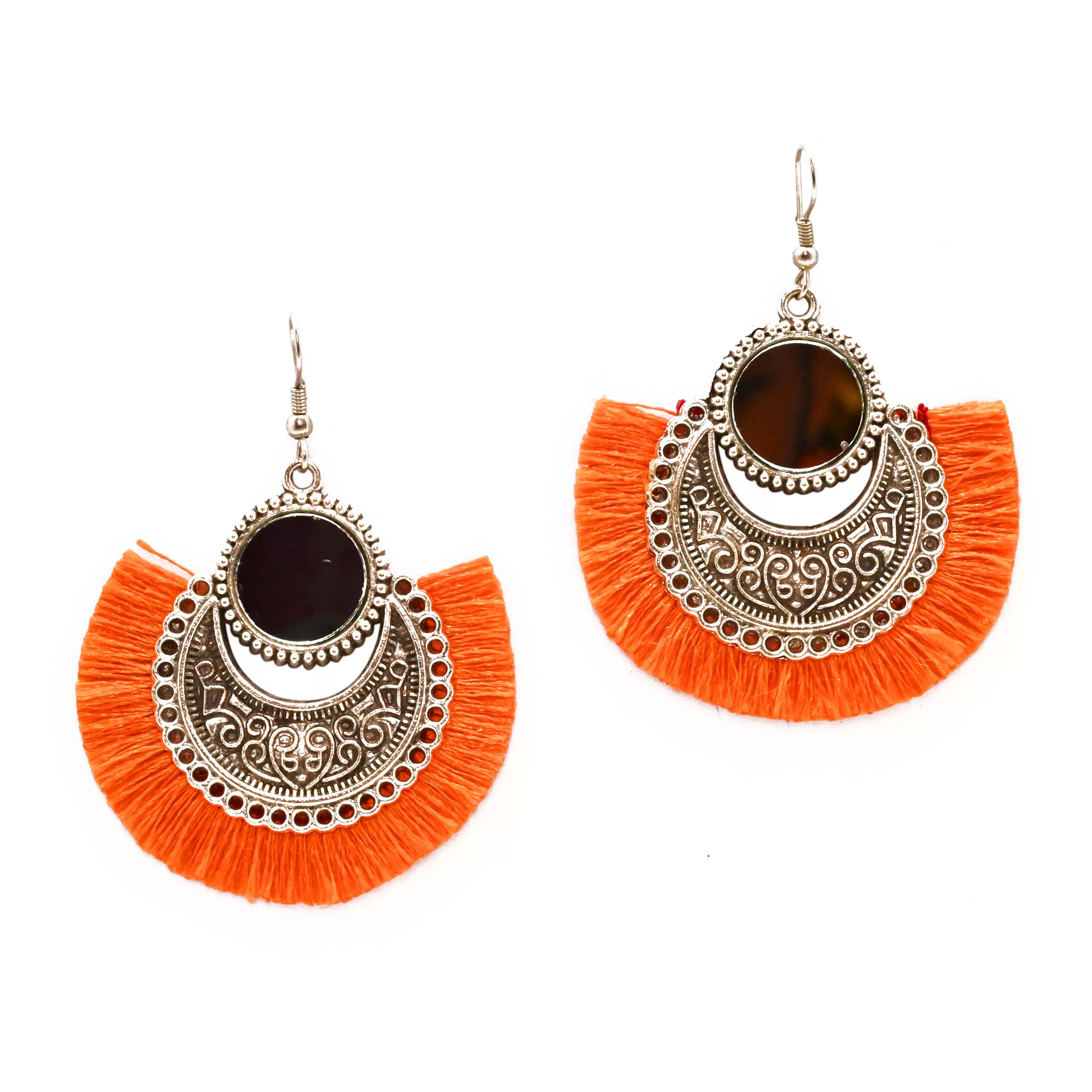 Women's Oxidized Earring with Mirror & Orange Thread Party Wear.