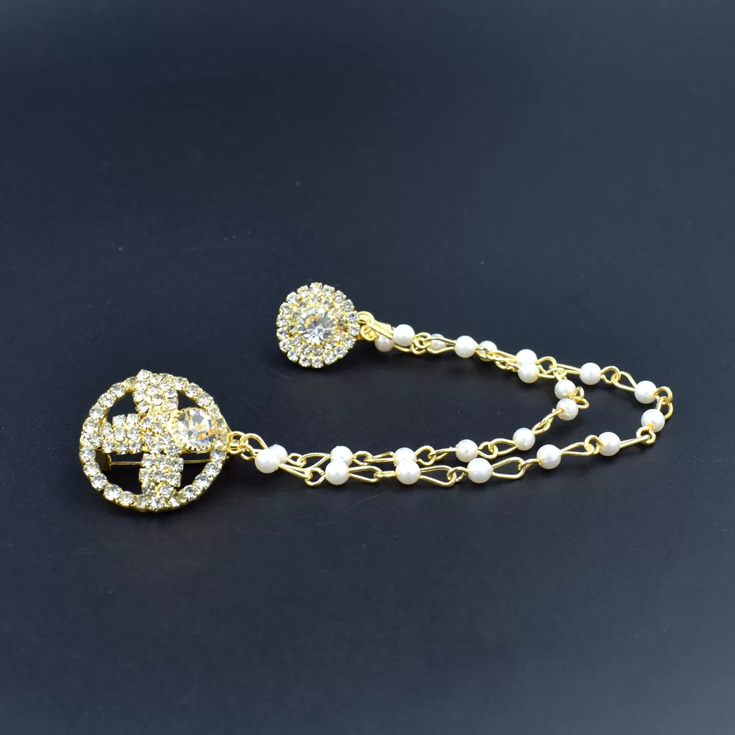 Pearl Flower Golden Metal Chain with Semi-Precious Cubic Zirconia Brooch