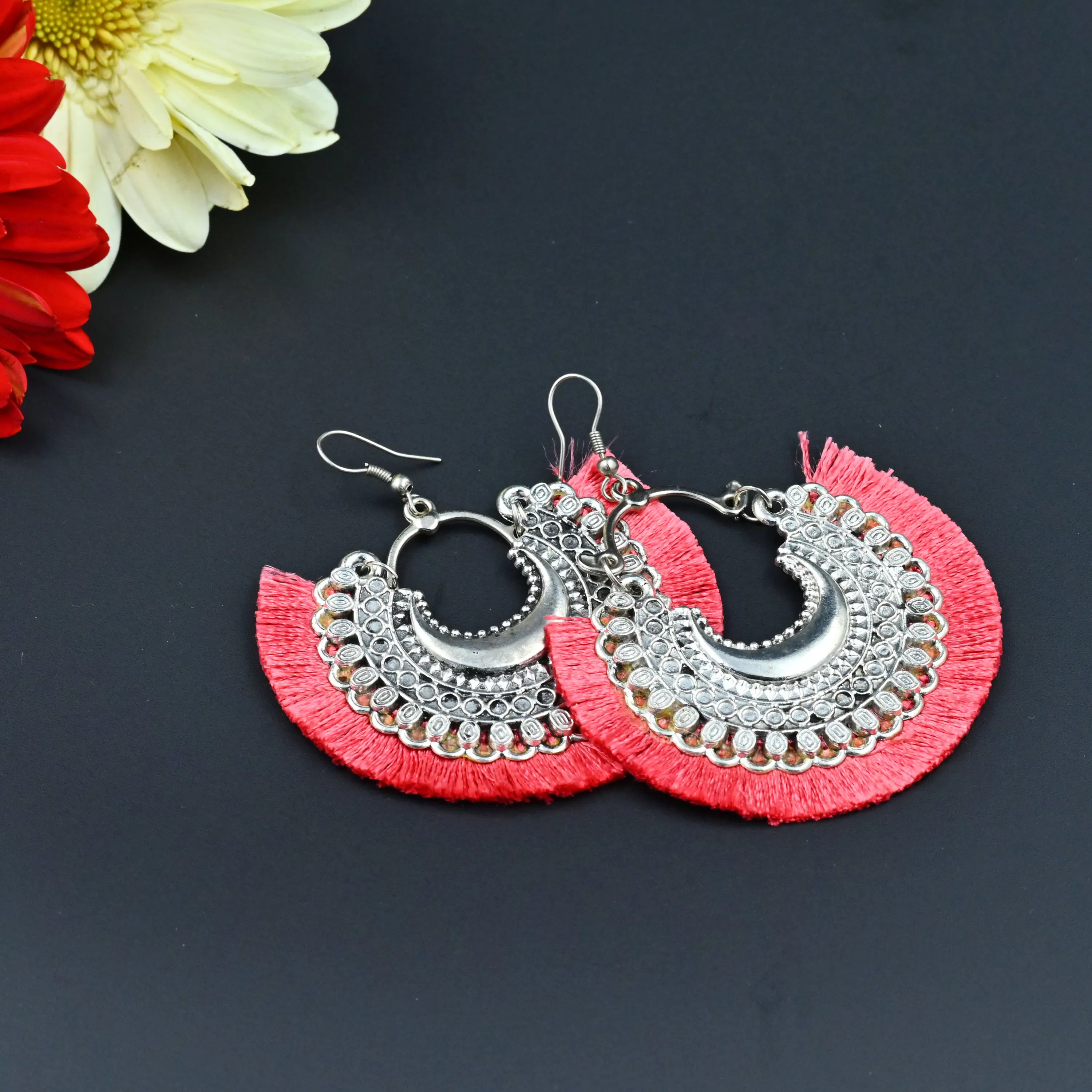 Women's Oxidized Crescent Moon Earring with Rouge Thread Party Wear.